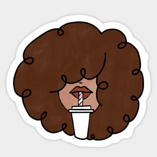 Pepette with a straw Beautiful Black Woman Drinking in a Travel Mug Cute Coffee Dates Coffee Espresso Cappuccino Latte Macchiato Coffee with Milk Cute Black Woman with Afro Hair Natural Hair Curly Hair Perfect Coffee Lover Gift for African American Sticker